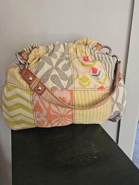 Fossil Patchwork Shoulder Bag in Yellow, Peach & Tan Fabric Leather Hardware